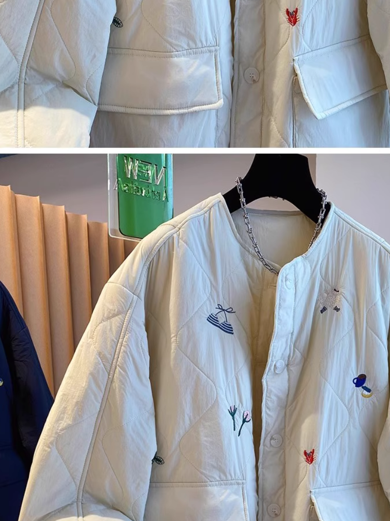 Chic Quilted Jacket, Embroidered Oversized Silhouette with Patch Pockets, Cotton-Poly