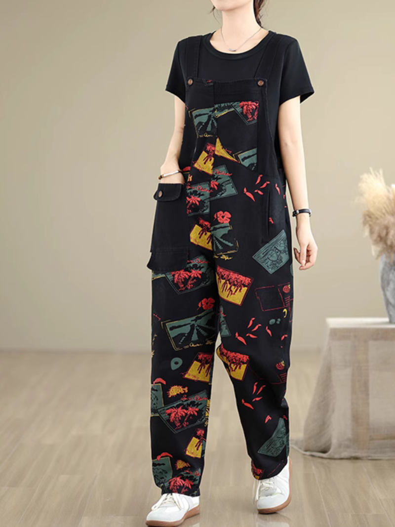 Women's Beautiful Straight-Leg Pant Style Printed Overall Dungarees