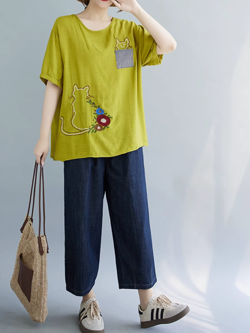 Women's Summer Embroidery & Cat Style T-Shirt Top