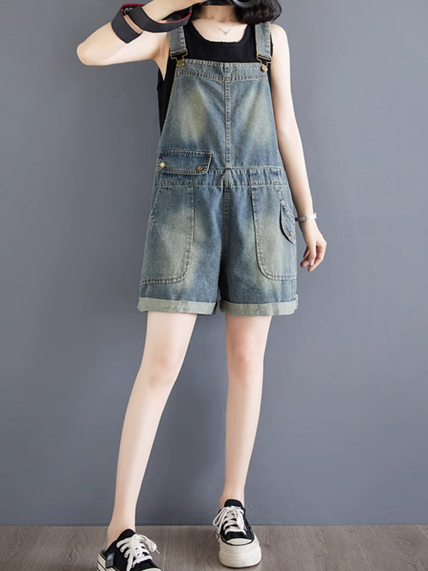 Trendy Women's High-Waist Baggy Denim Overalls Shorts | Eva Trends