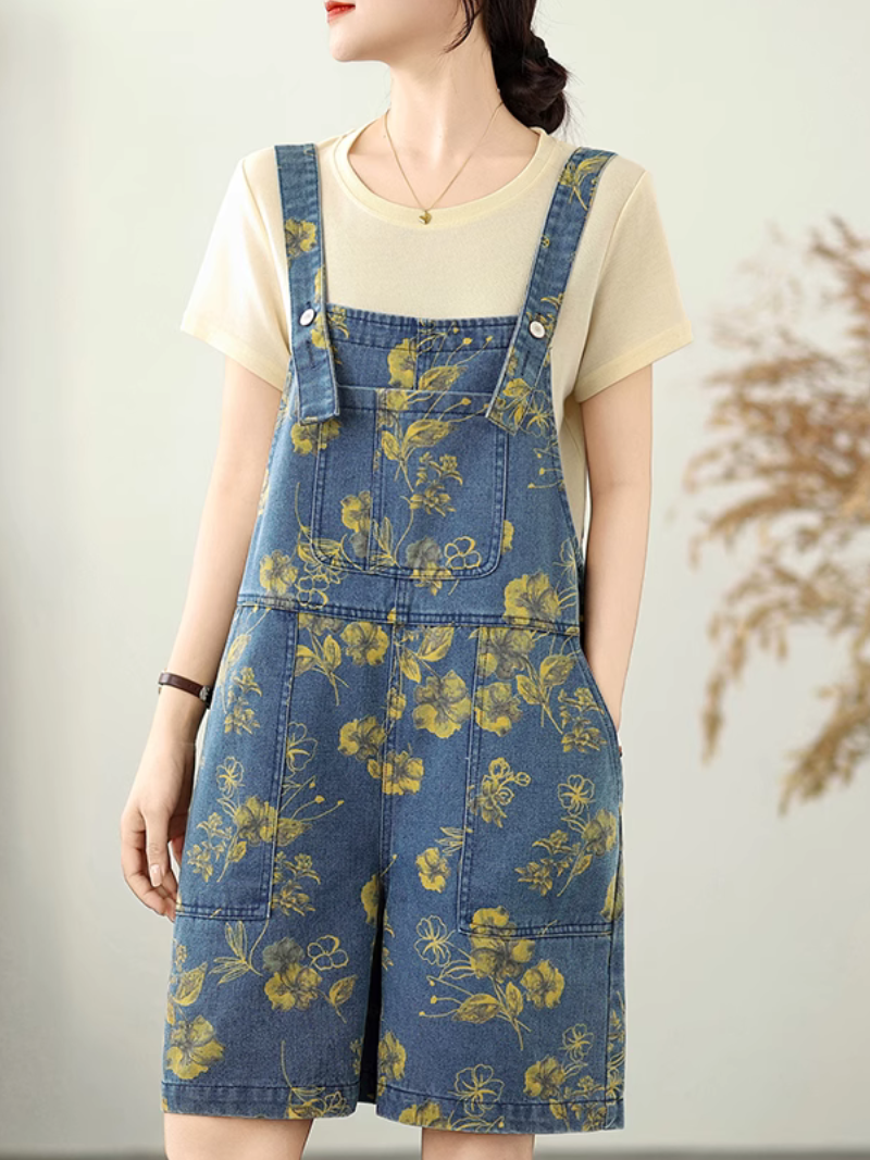 Women's Summer Cool Strap Button Up Printed  Overall Dungaree