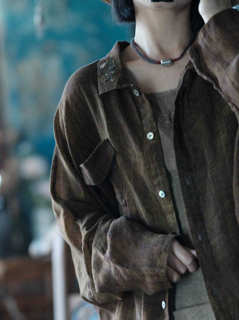 Women's Trendy Vintage Ramie Collar Hand-Embroidered Shirt Top