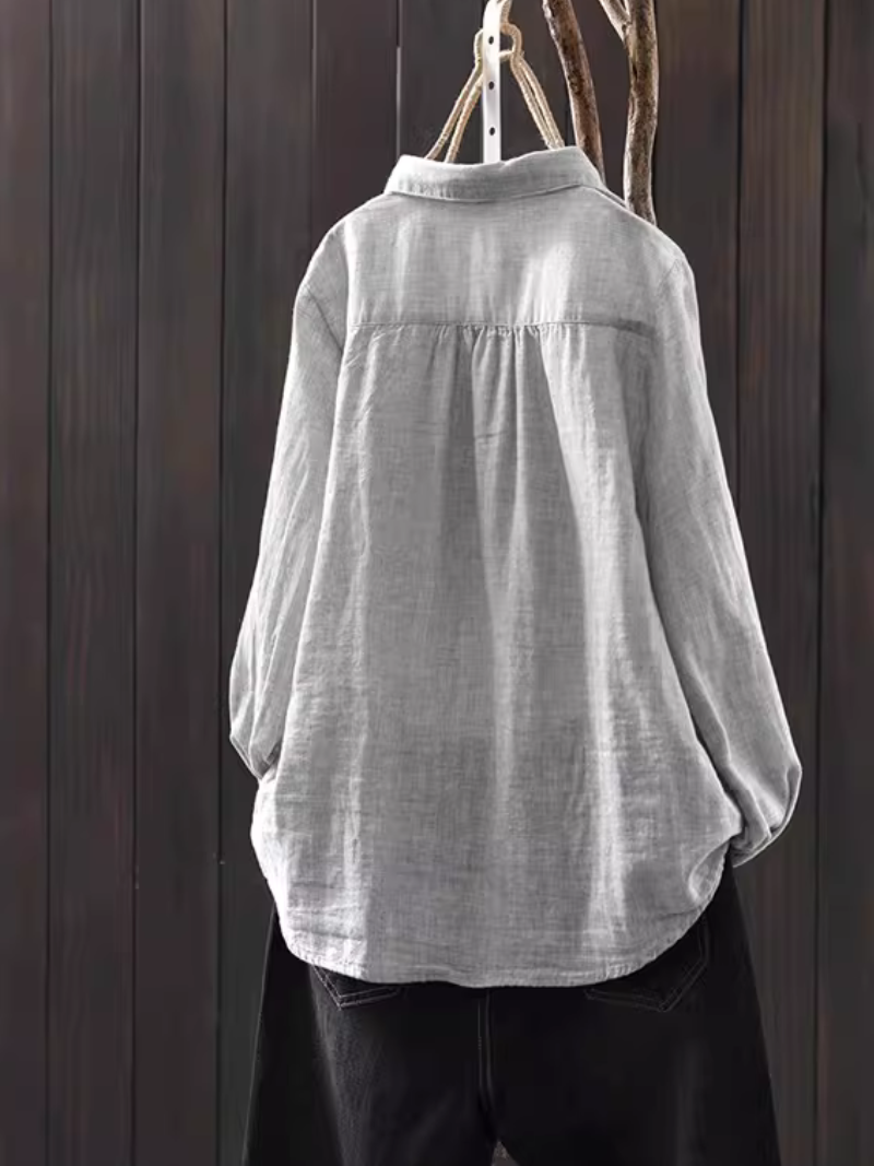 Cotton-Linen Button-Down Blouse with Point Collar