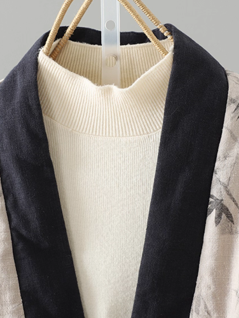 Bamboo Print Cotton-Linen Kimono Jacket with Contrast Trim and Tie