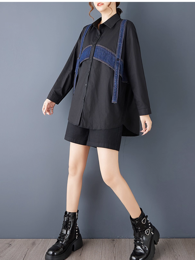 Oversized Button-Down Shirt with Denim Contrast Panels, Modern Minimal Elegance