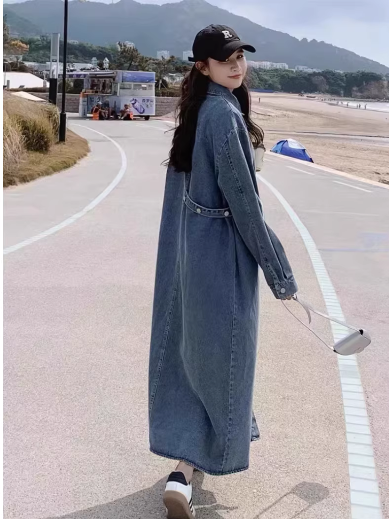 Chic Longline Denim Coat in Cotton, Minimal Maxi Duster for Weekends