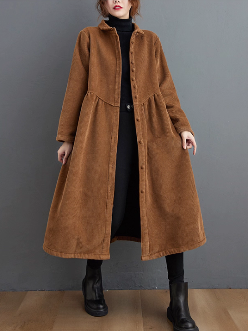 Elegant Corduroy Midi Shirt Dress with Buttons, Cozy Lining, Winter-Ready Silhouette