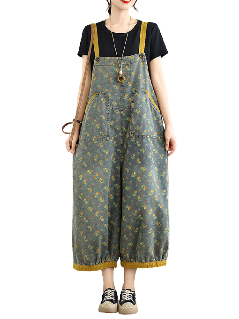 Artful Floral Denim Cotton Overalls Jumpsuit with Relaxed Balloon Legs