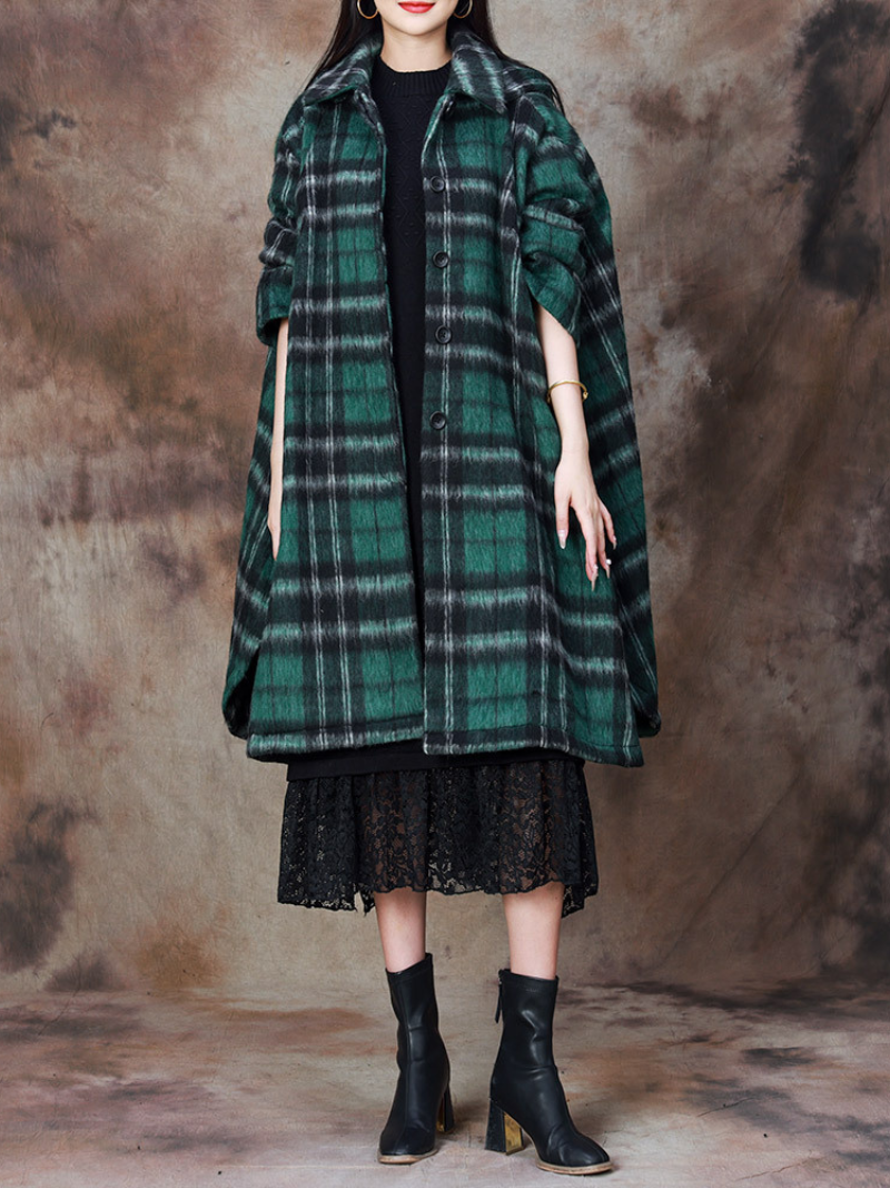 Women'a Coffee Cape-Style Plaid Hooded Coat