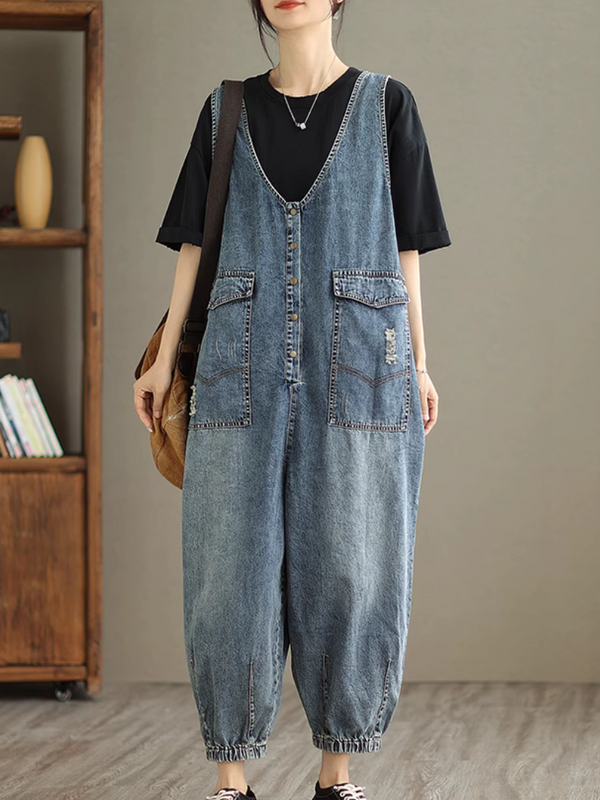 Versatile Women's High Waist Loose Denim Dungarees | Eva Trends