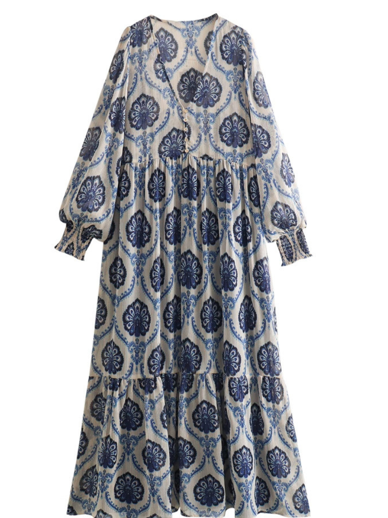 Women's Trendy Long-Sleeved V-neck Geometric A-line Printed Dress