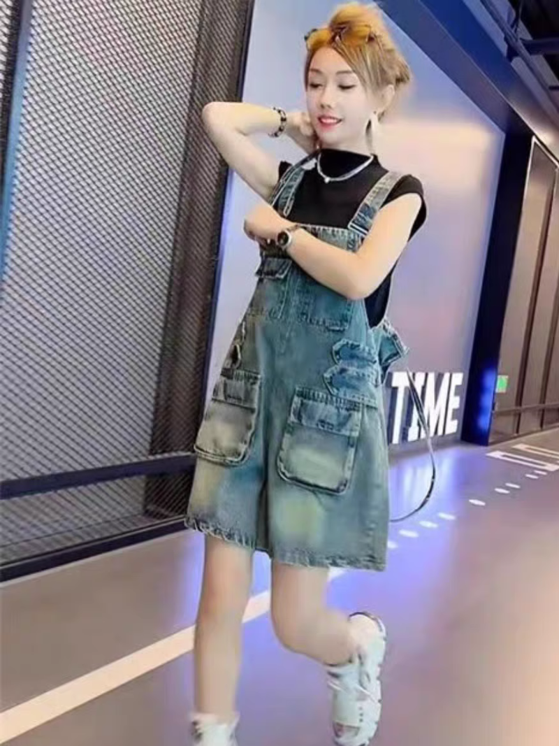 Women's Summer Stylish & Baggy Loose Jeans Overalls Short Dungaree