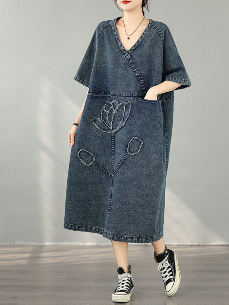 Artful Bloom Denim Dress, Relaxed V-Neck Midi in Washed Cotton