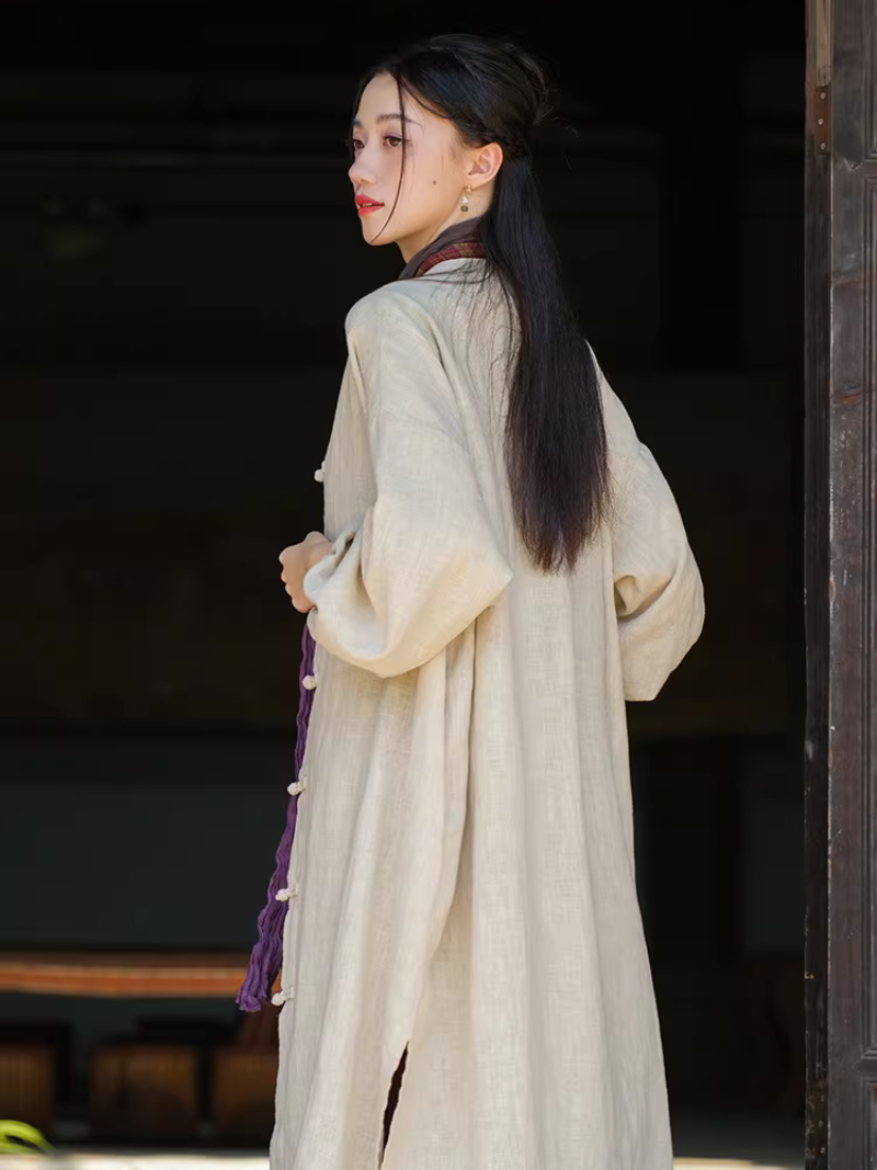 Chic Cotton Linen Mandarin-Collar Duster Coat with Frog Closures, Timeless Elegance