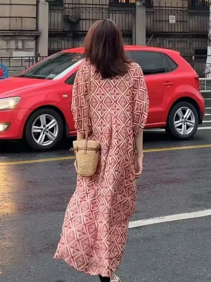 Boho Maxi Dress with V-Neck and Billowed Sleeves in Viscose Rayon