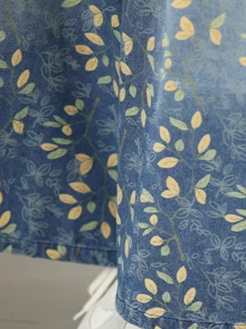 Floral Denim Cotton Palazzo Pants with Pockets, Elegant Wide-Leg Trousers