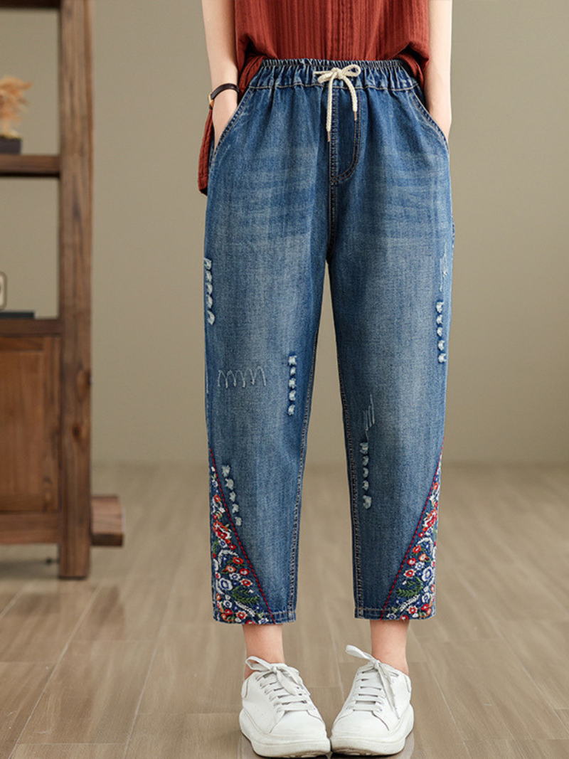 Women's Casual Ripped Embroidered Loose Harem Pants Bottom