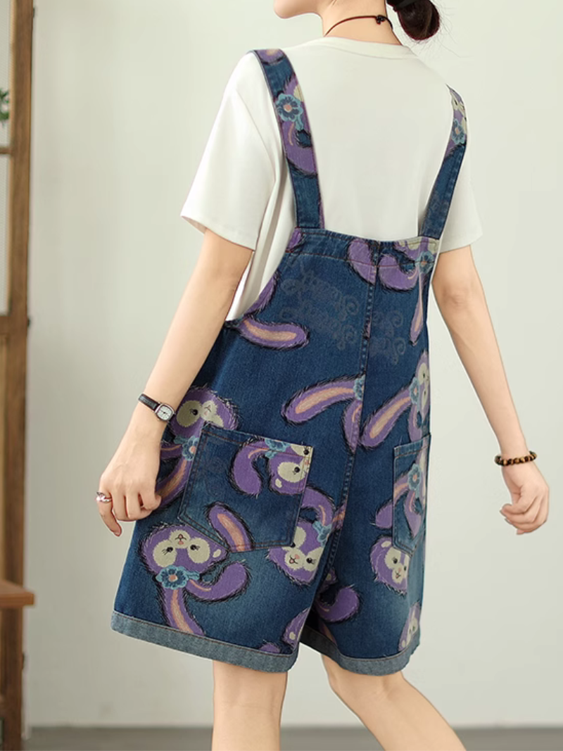 Women's Summer Beautiful & Cartoon Style Printed Denim Short Dungaree