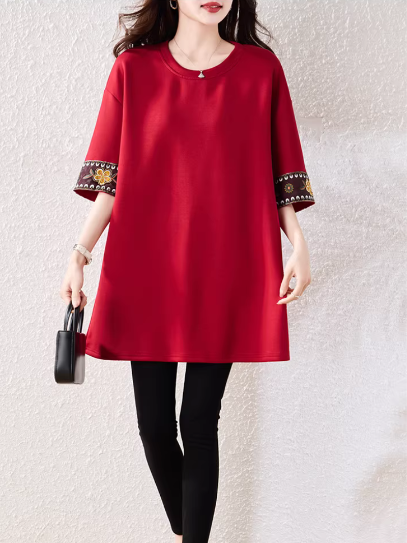 Embroidered Sleeve A-Line Tunic Top for Effortless Chic Everyday Style