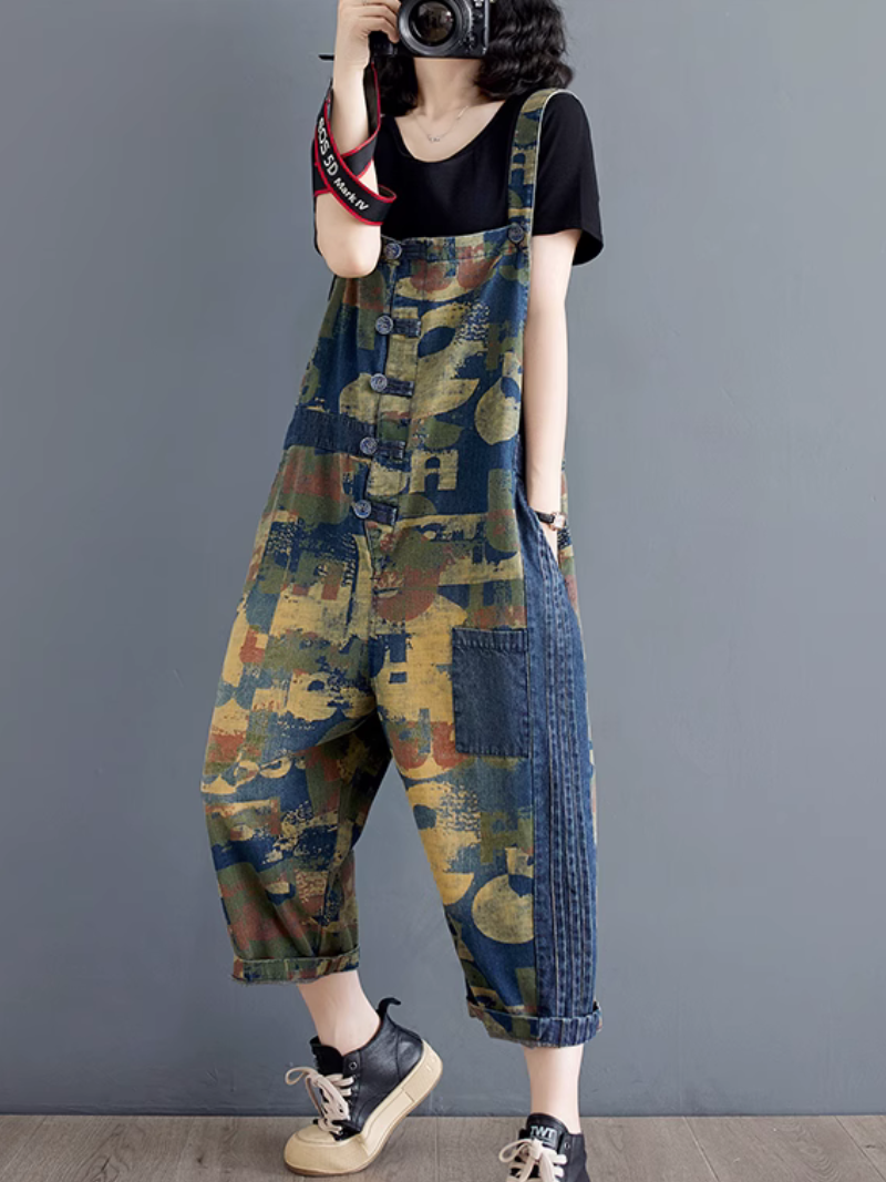 Women's Stylish & Beautiful Thin Denim Printed Overall Dungaree