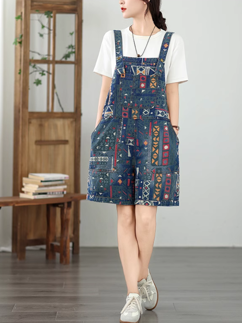 Women's Retro Style Printed Denim Bib's Short Overall Dungaree