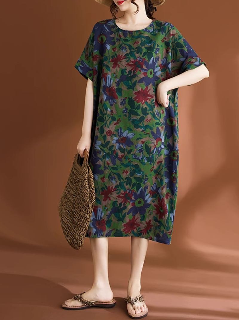 Women's Summer Flower Printed Pocket Style Midi -Dress
