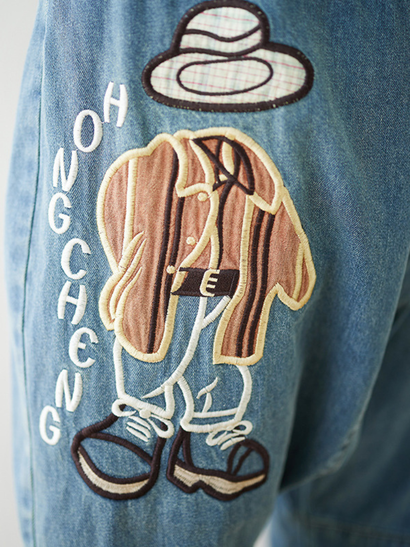 Women's Stylish Cartoon Embroidery Jeans Loose Bottom