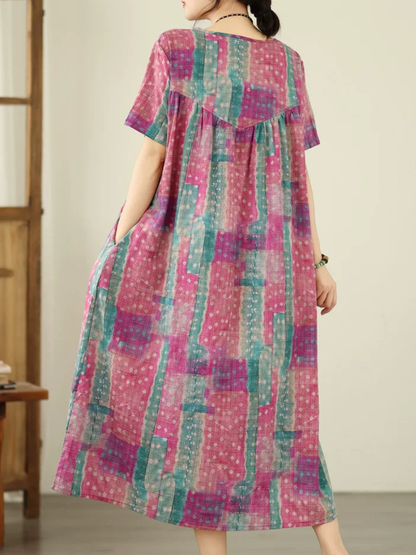 Artisanal Boho Midi Dress in Cotton Linen Blend, Relaxed Painterly Pri Eva Trends Artisanal Boho Midi Dress in Cotton Linen Blend, Relaxed Painterly Pri Eva Trends
