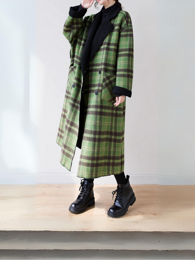Women's Velvet Loose Lambswool Plaid Side Pockets Coat