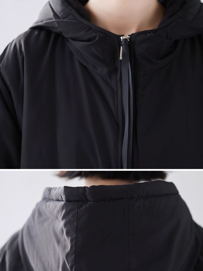 Minimal Longline Hooded Coat for Women, Sleek Zipped Parka Outerwear
