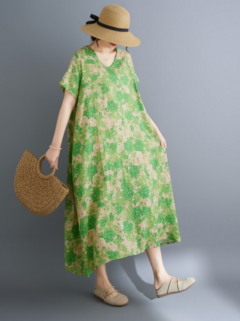 Airy Trapeze Cotton Summer Dress with Artful Print and V‑Neck