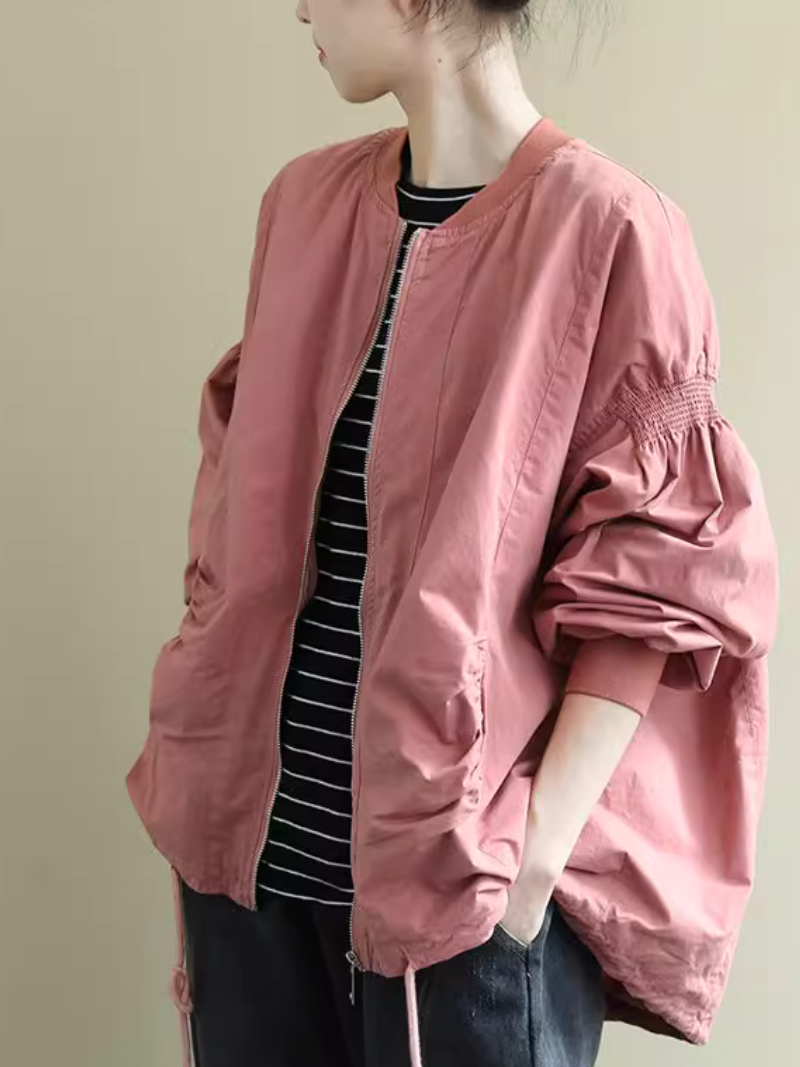 Oversized Ruched-Sleeve Women's Bomber Jacket in Cotton-Nylon Blend, Lightweight Chic