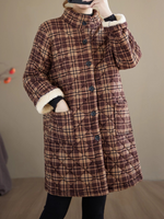 Quilted Plaid Stand-Collar Coat in Cotton&Flax with Patch Pockets Warm