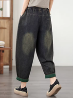 Artisanal Patch-Pocket Relaxed Tapered Pants in Denim Cotton, Women’s Jeans