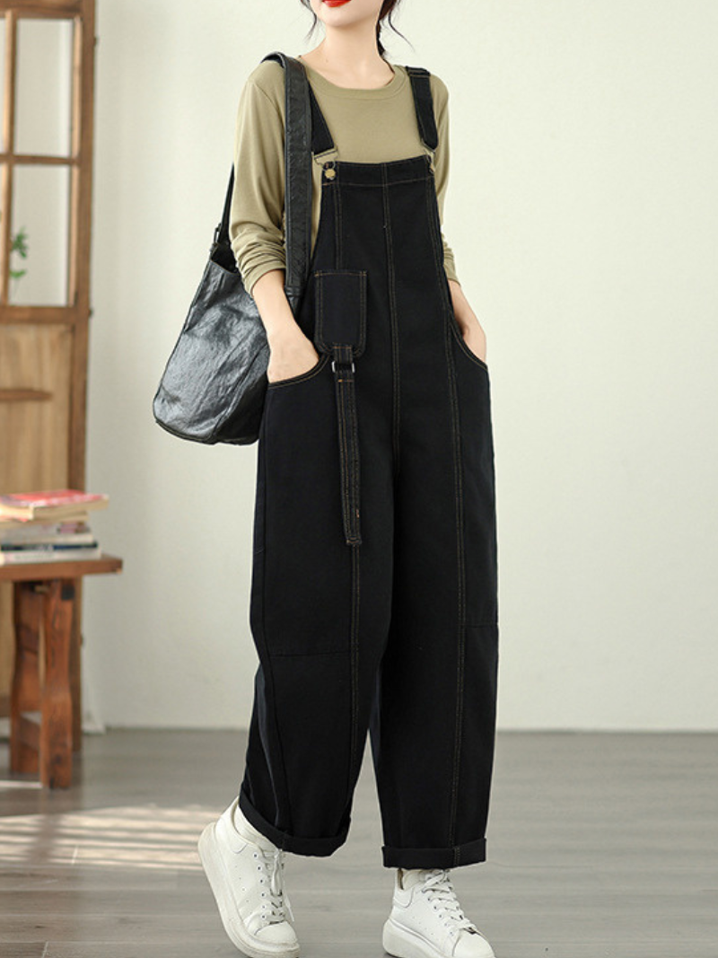 Wide-Leg Denim Cotton Overalls with Adjustable Straps for Women
