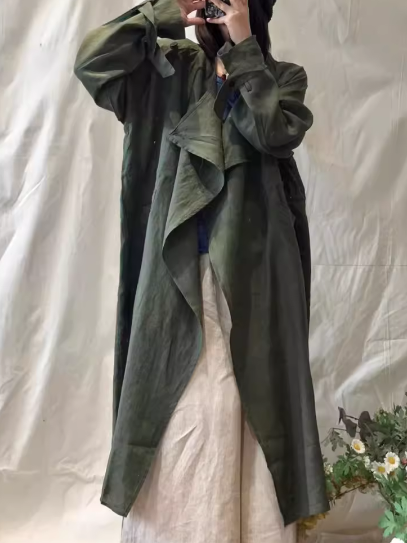 Women's Draped Waterfall Trench Coat in Breathable Cotton-Linen, Minimal Elegance