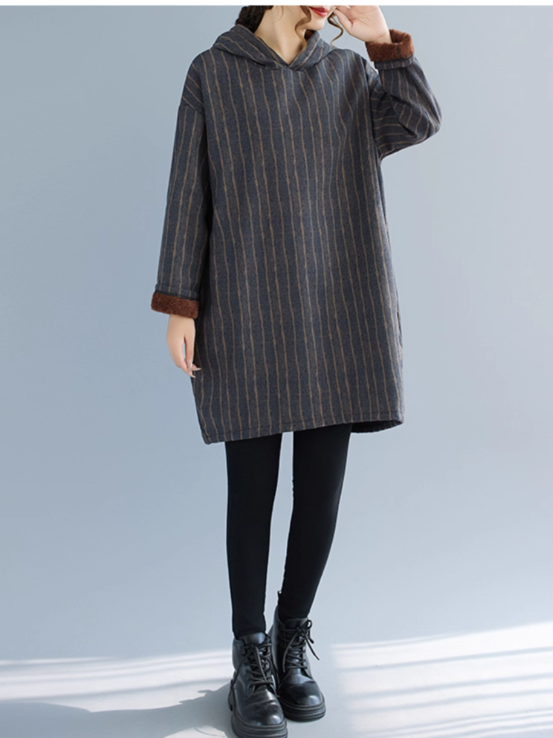 Striped Cotton Hooded Tunic Dress, Relaxed Oversized Minimal Weekend Chic