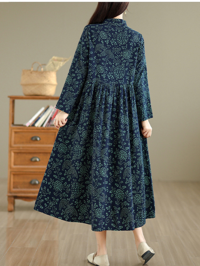 Artisanal Print Cotton Maxi Dress with Mandarin Collar and Long Sleeves