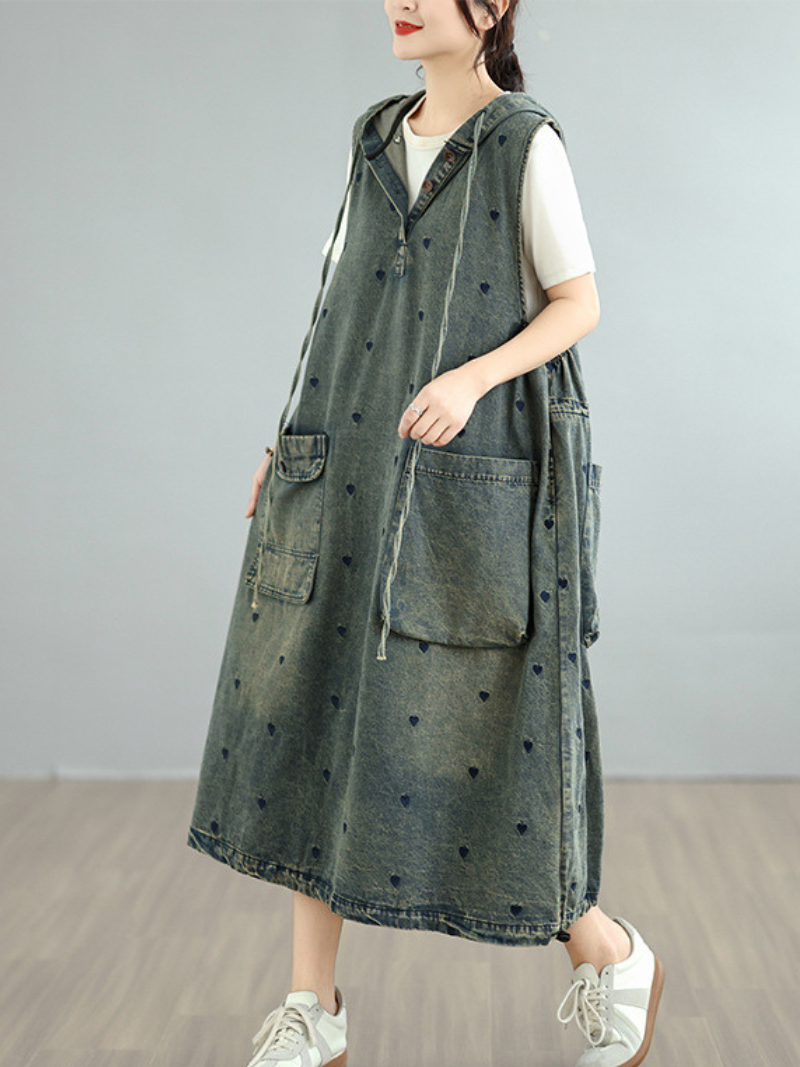 Hooded A-Line Denim Dress with Pockets and Playful Heart Motifs