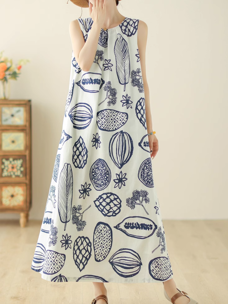 Women's Tropical Plant And Flower Print Sleeveless A-Line Dress