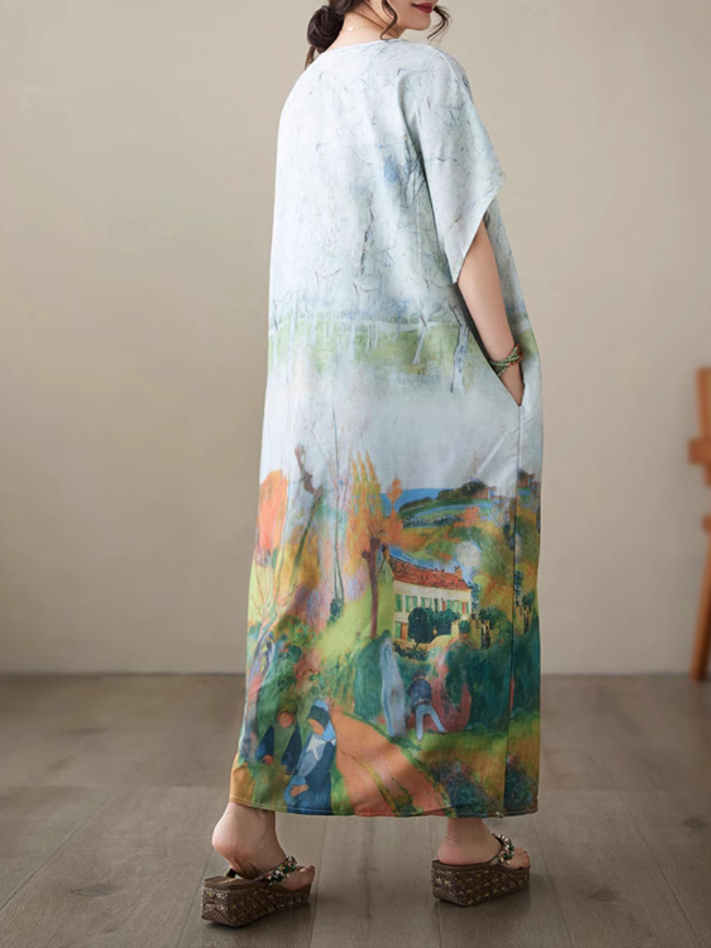 Women's Summer Beach Wear Oil Painting Printing Kaftan Dress