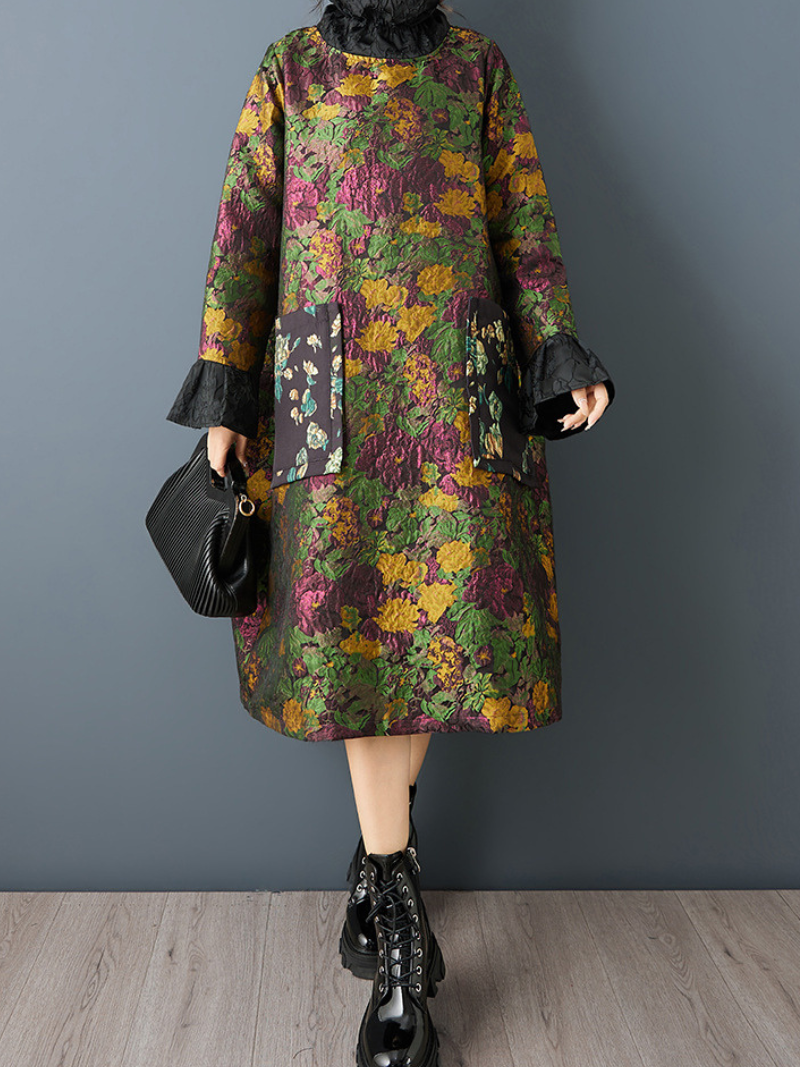 Quilted Jacquard Floral Cocoon Midi Dress with Artful Patch Pockets
