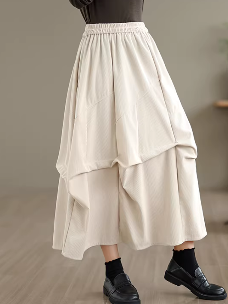 Artful Corduroy Skirt with Draped Layers and Elastic Waist Elegance