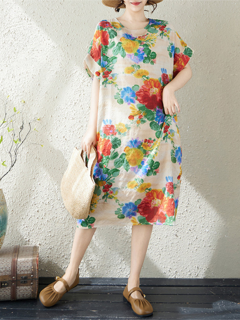 Floral Relaxed Shift Linen Dress in Airy Cotton Linen Blend