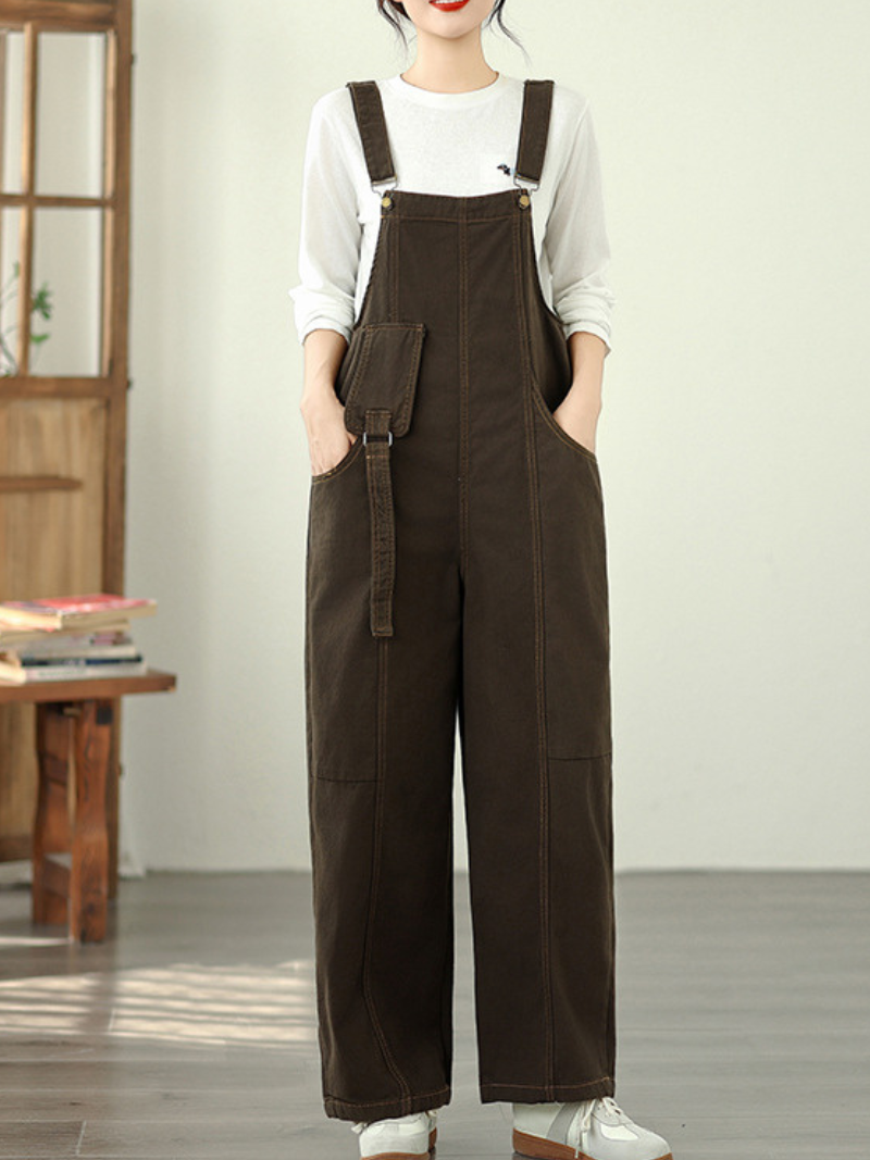 Wide-Leg Denim Cotton Overalls with Adjustable Straps for Women