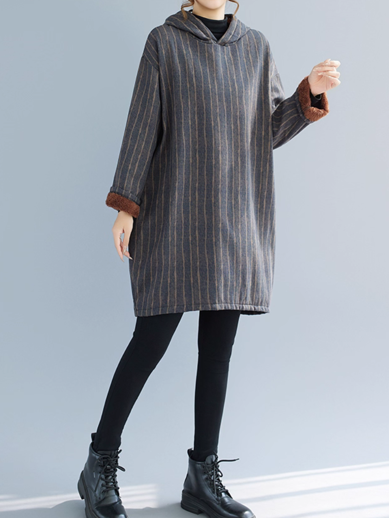 Striped Cotton Hooded Tunic Dress, Relaxed Oversized Minimal Weekend Chic