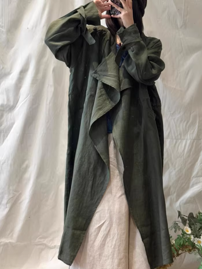Women's Draped Waterfall Trench Coat in Breathable Cotton-Linen, Minimal Elegance