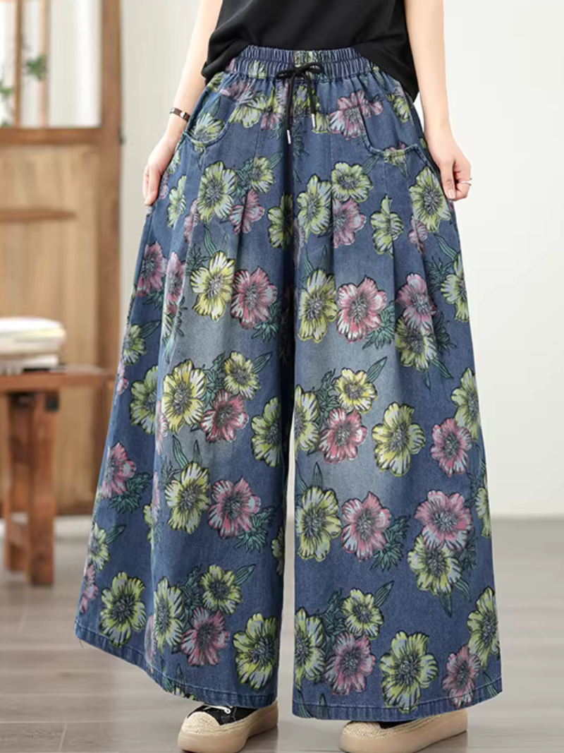Floral Wide-Leg Denim Cotton Palazzo Pants with Pockets, Effortless Chic