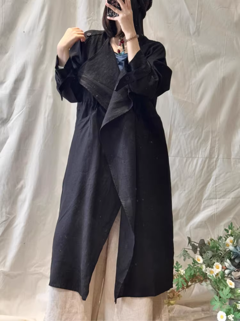 Women's Draped Waterfall Trench Coat in Breathable Cotton-Linen, Minimal Elegance