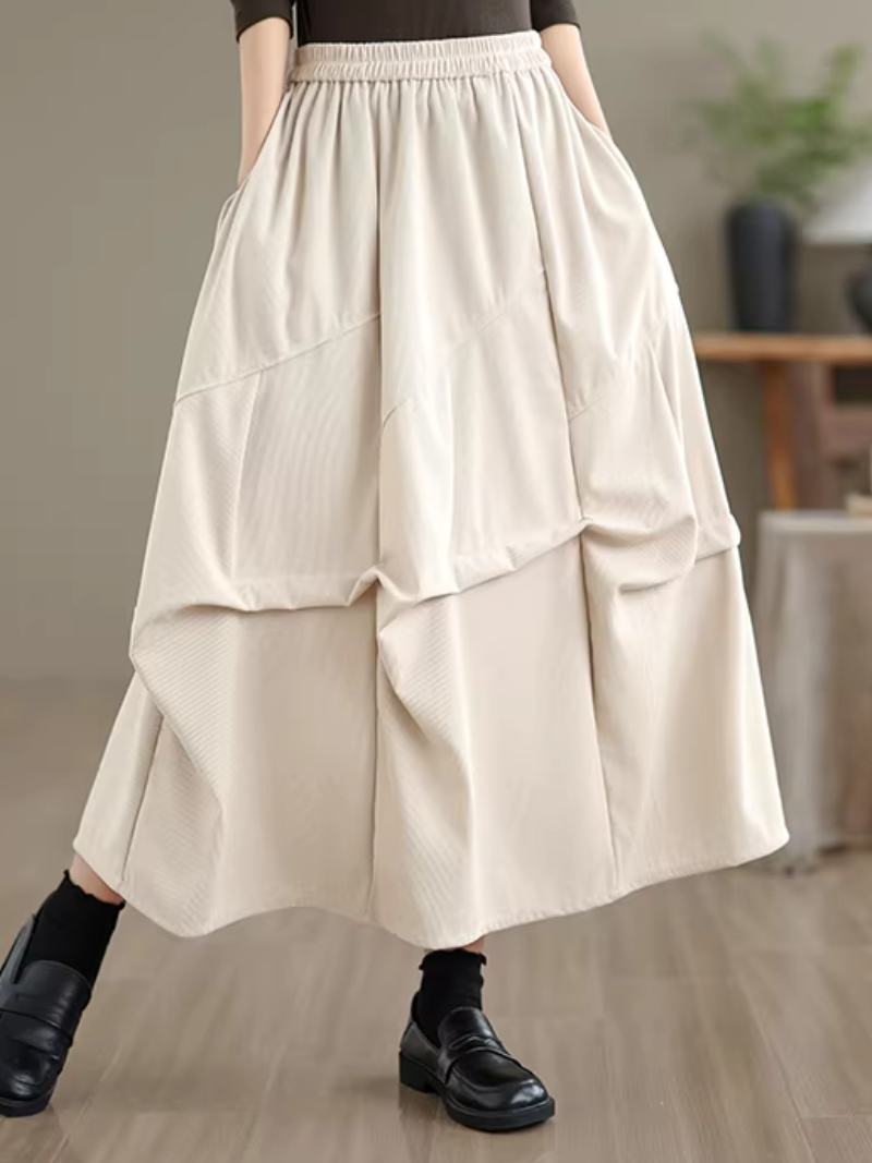 Artful Corduroy Skirt with Draped Layers and Elastic Waist Elegance